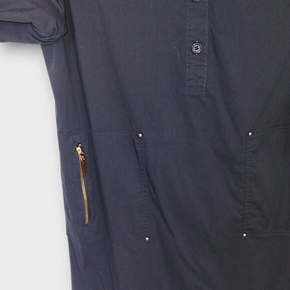Ellen Tracy Shirt Dress Sz 14 Navy Tab Sleeves Gold Metal Button Front Lagenlook - Picture 6 of 9